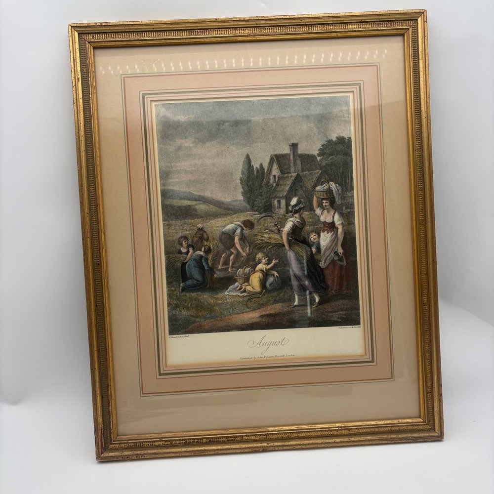 W Hamilton August Intaglio Print Hand Colored Paul B Victorius Framed 18x22